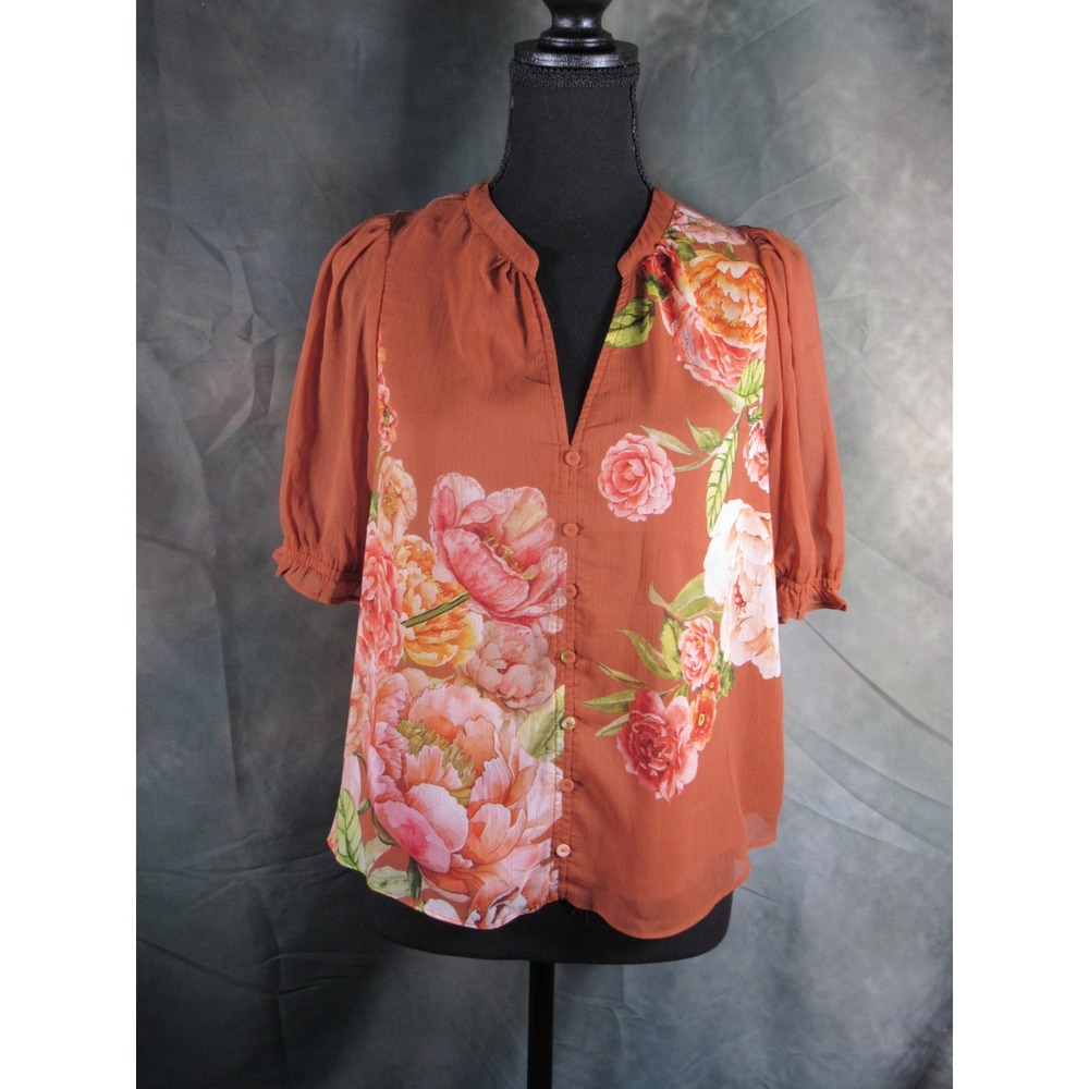 Rachel Zoe Womens Floral Button Front Blouse Burnt Orange Puff Sleeve Small